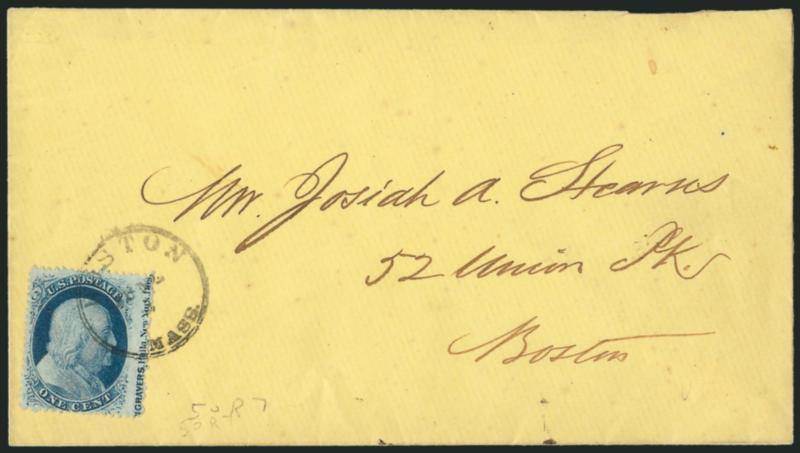 1c Blue, Ty. V (24).> Position 50R7 with <captured imprint> at right, wide margins, tied by neat strike of small Boston Mass. June 5 circular datestamp on locally used yellow cover, fresh and Extremely Fine, a
beautiful stamp and cover, ex Ashbrook