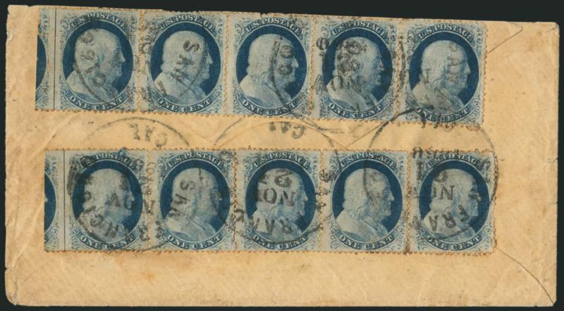 1c Blue, Ty. V (24).> Positions 61-65R7 and 71-75R7, two horizontal strips of five with <huge straddle-pane margins showing centerline and part of adjacent pane,> tied by San Francisco Cal. Nov. 21 circular
datestamps on back of cover to Davisville
