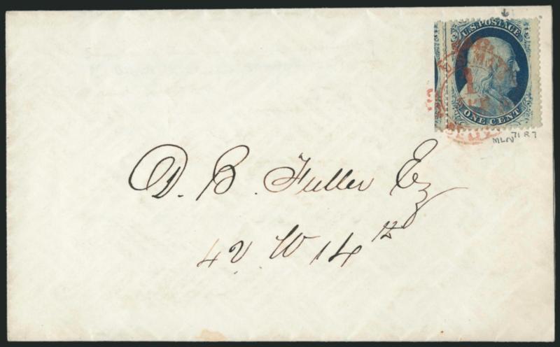 1c Blue, Ty. V (24).> Two covers with Plate 7 <straddle-pane and centerline> singles, Position 21R7 from Boston, Position 71R7 tied by <red New York Carrier> on local cover, Very Fine, ex Neinken