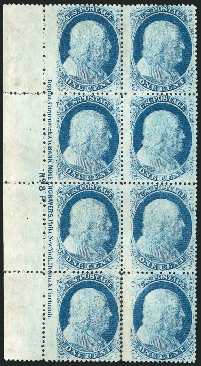 1c Blue, Ty. V (24).> Positions 41-4251-5262-6372-73L8, <left imprint and plate number 8 block of eight,> unused (no gum), bright color, few expertly rejoined perf separations, few light creases are barely
noticeable<><>^FINE-VERY FINE. THIS IS