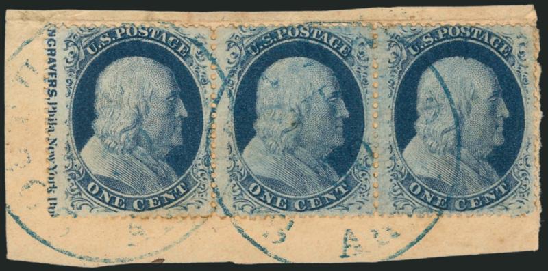 1c Blue, Ty. V (24).> Positions 51-53L8, horizontal strip of three with part <captured imprint> at left, shows virtually full letters, tied to small piece by two strikes of <blue South Bend Ark. circular
datestamp,> small pre-use corner crease on r