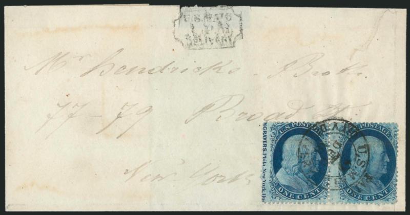 1c Blue, Ty. V (24).> Positions 51-52L8, horizontal pair with part <captured imprint,> tied by <PaidU.S. MailCity Delivery2Jun. 9 carrier datestamp> on folded cover used to New York City street address, U.S.
Paid Delivery 1 P.M. timestamp, mi