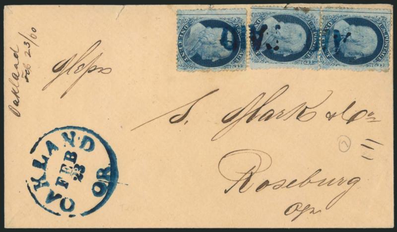 1c Blue, Ty. V (24).> Positions 516171L8, vertical pair and single with <straddle-pane margin and centerline> at left, tied by unusual large <blue Paid> handstamp, matching Oakland Or. Feb. 23 circular
datestamp on cover to Roseburg Ore., 1860