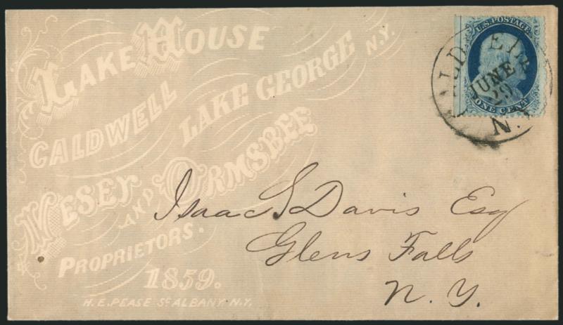1c Blue, Ty. V (24).> Position 21R8 with <straddle-pane margin and centerline> at left, tied by Caldwell N.Y. June 29 circular datestamp on <all-over advertising cover for Lake House> to Glens Falls N.Y.,
missing top flap, Very Fine, ex Neinken