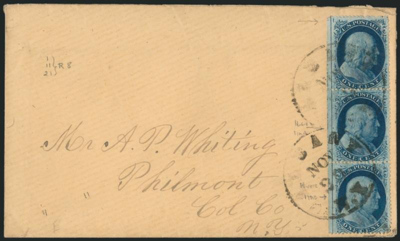 1c Blue, Ty. V (24).> Positions 11121R8, vertical strip of three with <straddle-pane margin and centerline> at left, bottom stamp with prominent vertical line at upper right, tied by Albany N.Y. Nov. 29
circular datestamps on cover to Philmont N.