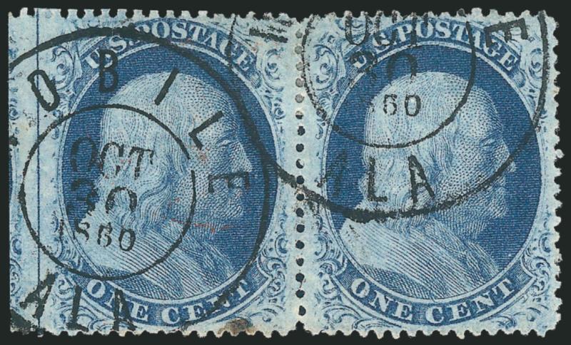1c Blue, Ty. V (24).> Positions 91-92R8, pair with left <straddle-pane margin and centerline> and part of Position 100L8, right stamp shows the <curl over C> variety, bright color and choice centering,
cancelled by two bold strikes of Mobile Ala.
