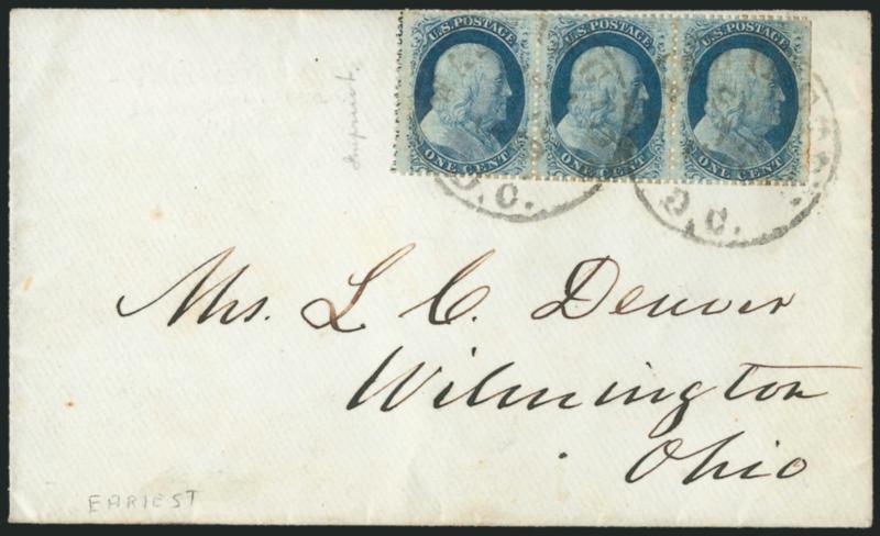 1c Blue, Ty. V (24).> Positions 51-53L9, horizontal strip of three with <captured imprint> at left, tied by Washington D.C. Sep. 15, 1859 circular datestamps on cover to Wilmington O., perfs scissors-separated
causing s.e. at right, few toned perfs