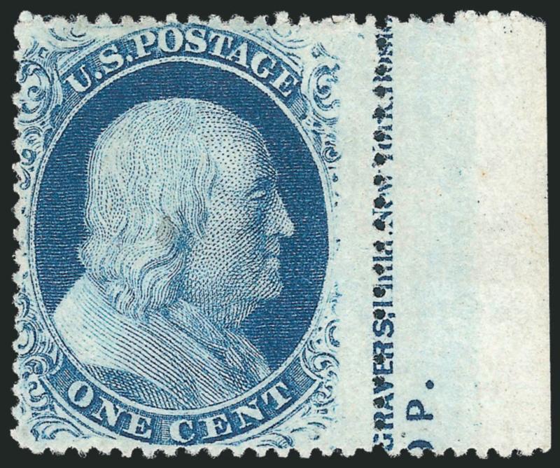 1c Blue, Ty. V (24).> Position 50R9 with <part imprint and 9 P. of plate number> in selvage at right, unused (no gum), bright color, small indentation at center by Franklins ear, otherwise Very Fine, scarce
plate number from Plate 9, ex Neinken