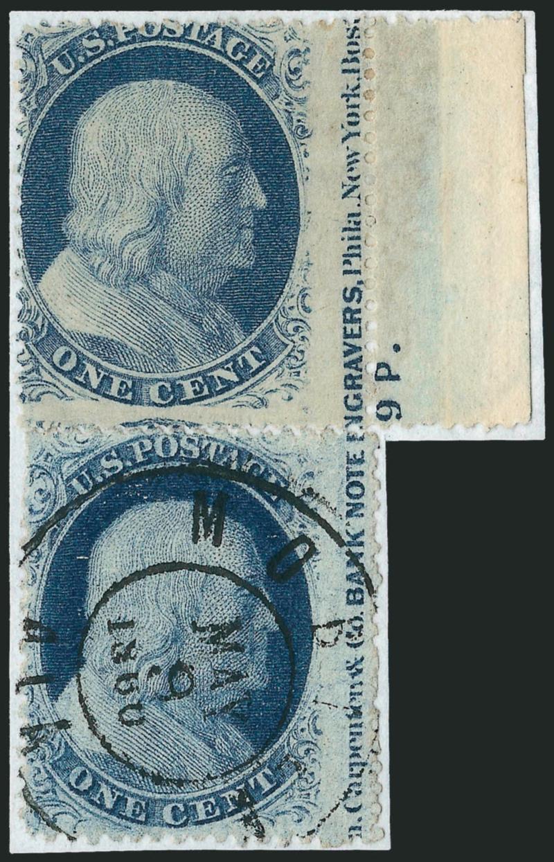 1c Blue, Ty. V (24).> Positions 50 and 60R9, two singles reconstructing much of the <imprint and 9 P. plate number> at right, top stamp original gum, h.r., bottom stamp with Mobile Ala. May 9, 1860
double-circle datestamp, Very Fine, ex Neinken