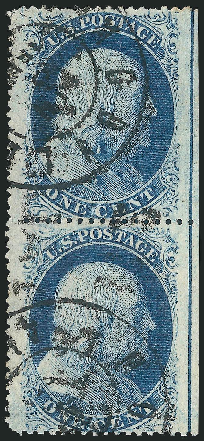 1c Blue, Ty. V (24).> Positions 1020L9, vertical pair with extra wide <straddle-pane margin and centerline> at right, rich color, bold strikes of Mobile double-circle datestamp, Very Fine and choice, a premium
Plate 9 position piece, ex Neinken