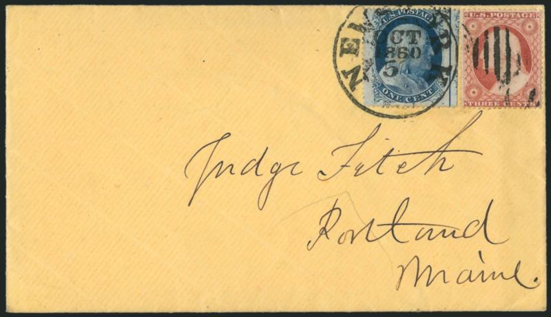 1c Blue, Ty. V (24).> Position 10L9 with <prominent Ear Ring plate flaw and straddle-pane margin and centerline> at right, used with <3c Dull Red, Ty. III (26)> and tied by New-York Oct. 5, 1860 duplex on
cover to Portland Me., Extremely Fine, a