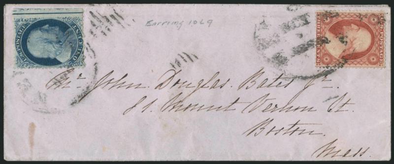 1c Blue, Ty. V (24).> Position 10L9 with <prominent Ear Ring plate flaw and straddle-pane margin and centerline> at right used with <3c Dull Red, Ty. III (26)> and tied by New York circular datestamps on small
cover to Boston, Very Fine carrier use