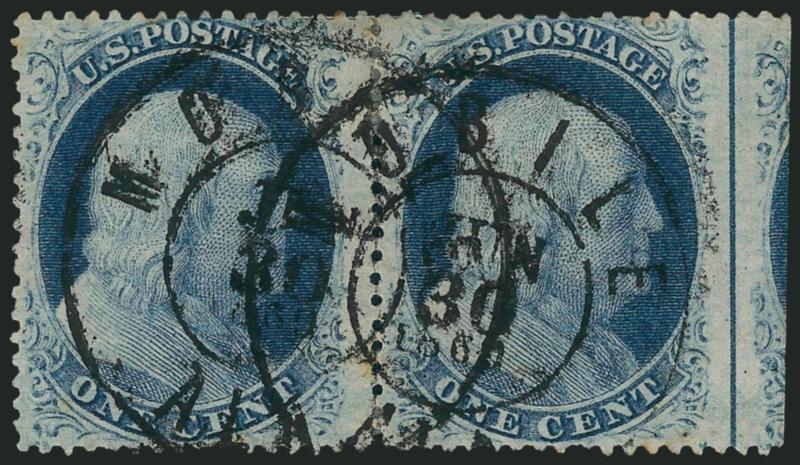 1c Blue, Ty. V (24).> Positions 19-20L9, horizontal pair with huge <straddle-pane margin and centerline> at right and large portion of Position 11R9, deep rich color and attractive centering, cancelled by
overlapping strikes of Mobile Ala. Jun. 30 1
