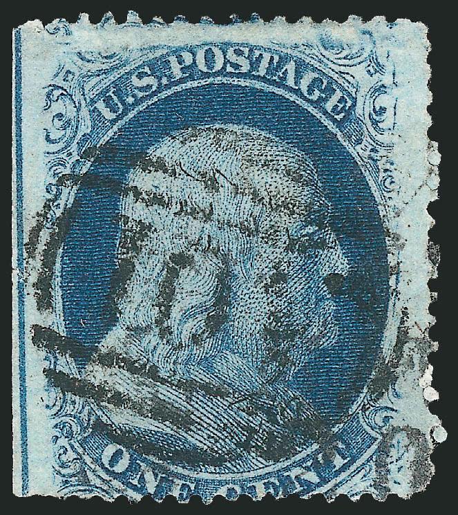 1c Blue, Ty. V (24).> Plate 9 with <straddle-pane margin and centerline> at left, cancelled by bold strike of ritish AO1 in barred oval (Kingston, Jamaica)>, couple tiny thin specks, Very Good appearance,
scarce cancel on 1c 1851-57 stamp, ex Nei