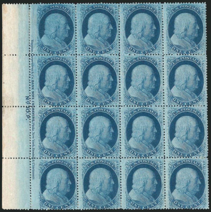1c Blue, Ty. V (24).> Left imprint and plate number 10 block of sixteen, original gum, <six stamps Mint N.H.,> bright color and detailed impression, few sensibly reinforced perf separations<><>^FINE-VERY FINE.
A RARE IMPRINT AND PLATE NUMBER BLOCK