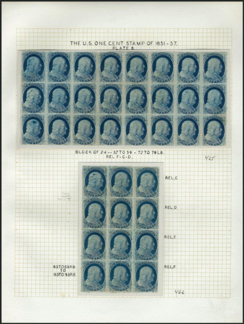 1c Blue, Ty. V (24).> Two multiples from Plate 8, both show plate bruises, unused (no gum), block of 24 from Positions 52-5962-6972-79L8, block of 12 from Positions 63-6573-7583-8593-95R8, minor faults, Very
Fine, multiples such as these are ide