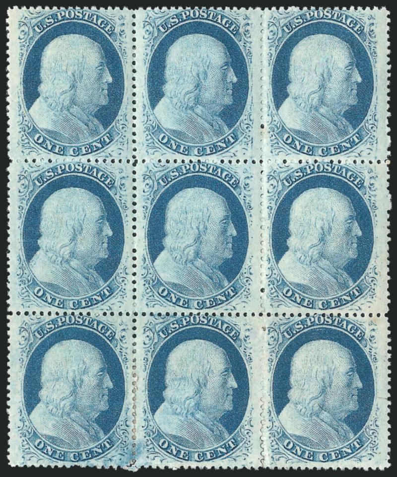 1c Blue, Ty. V (24).> Positions 33-3543-4553-55L8, block of nine, original gum, top and bottom stamps h.r., radiant color, unusual plate bruise at lower left, few minor perf separations at bottom, Fine-Very
Fine, ex Neinken, Scott Retail $1,600.00
