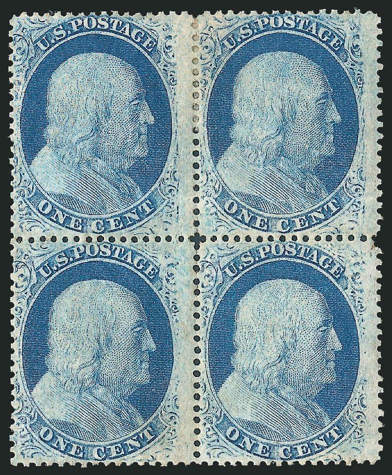 1c Blue, Ty. V (24).> Block of four, original gum, h.r., centered to left but perfs clear virtually all around, crease thru top pair and some slight gum soaks, appears Fine, ex Neinken