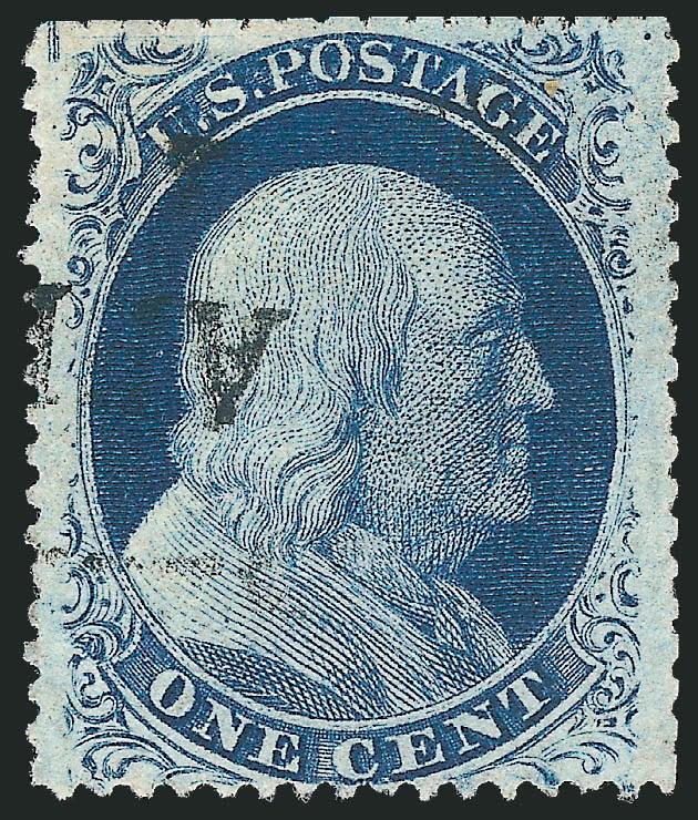 1c Blue, Ty. V (24).> Position 8R8 with <double transfer> at top, vivid color, wide to clear margins, scissors-separated at top and right but perfs mostly intact, canceled by part strike of what appears to be
Paid cancel, Very Fine, Neinken identif