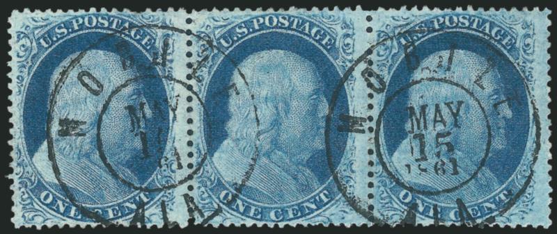 1c Blue, Ty. V (24).> Positions 22-24L8, horizontal strip of three, deep rich color and well-centered, cancelled by two perfect strikes of <Mobile Ala. May 15, 1861 Confederate> double-circle datestamp,
Fine-Very Fine, used in Confederate Alabama o