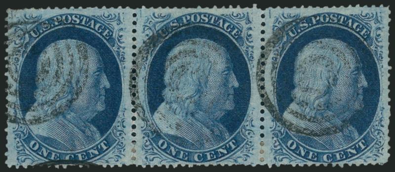 1c Blue, Ty. V (24).> Positions 7-9L9, horizontal strip of three, deep color and crisp impression, neat strikes of target cancel, wide margins and choice centering, right stamp with tiny tear at bottom and few
shortish perfs at upper right, otherwise