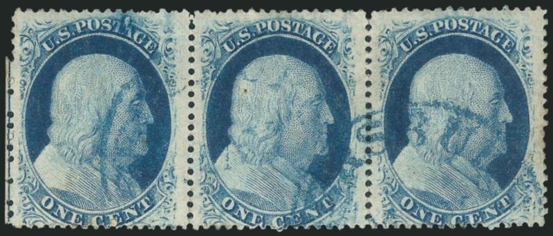 1c Blue, Ty. V (24).> Positions 71-73R7, horizontal strip of three, left stamp has <prominent plate flaw> at top right, trace of selvage with centerline at left, cancelled by <blue> circular datestamps, few
light toned spots mostly on back, Fine appe