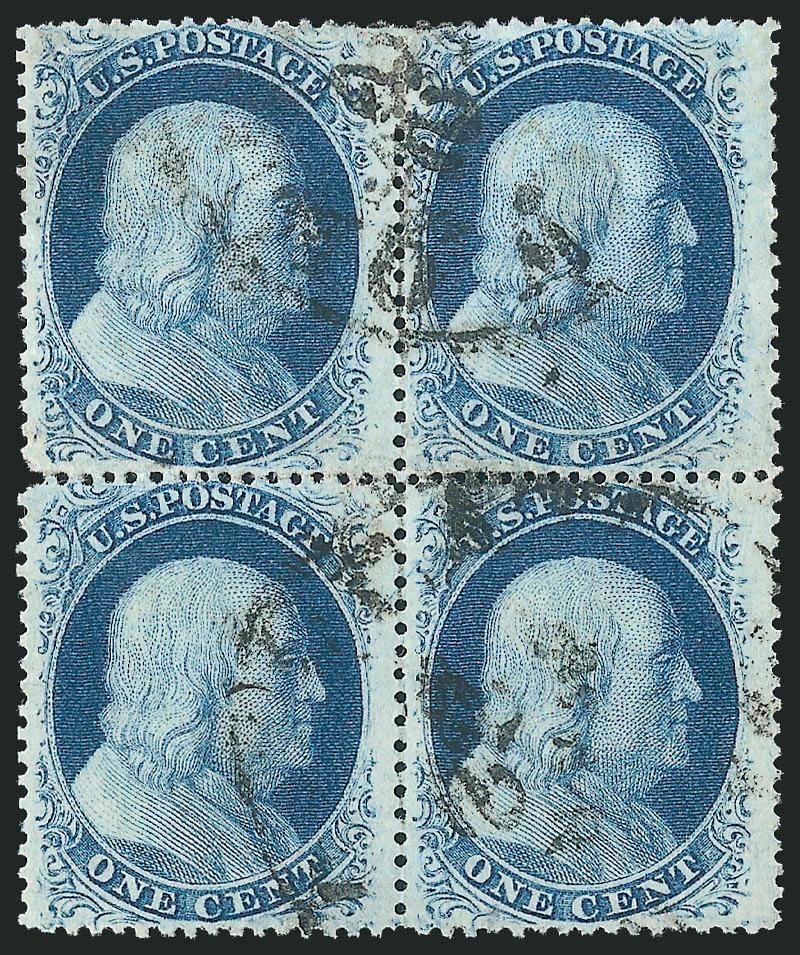 1c Blue, Ty. V (24).> Positions 46-4655-56R9, block of four, deep color, town cancels, couple small flaws incl. top right stamp light diagonal crease and small stained spot on back that barely shows through,
Fine appearance, an infrequently offered