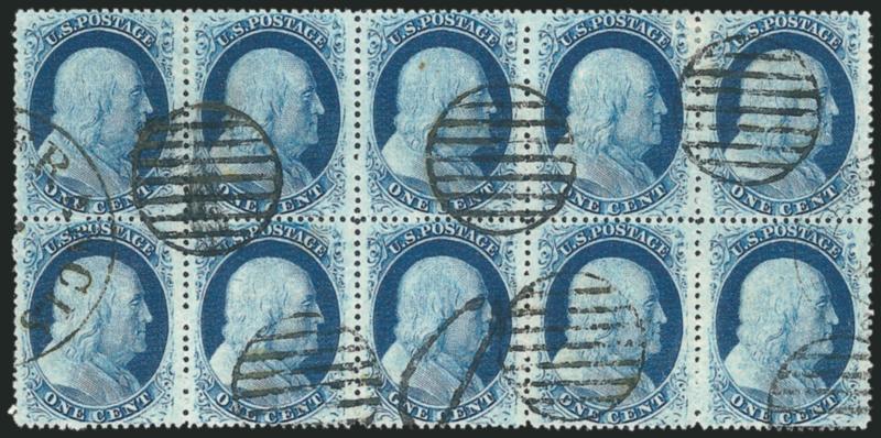 1c Blue, Ty. V (24).> Positions 25-2935-39L8, block of ten, Position 36 <dash in head,> Position 39 <curl in hair,> rich color, neat grid cancels and circular datestamp at left, one stamp also with <8 French
due handstamp,> French transit at right