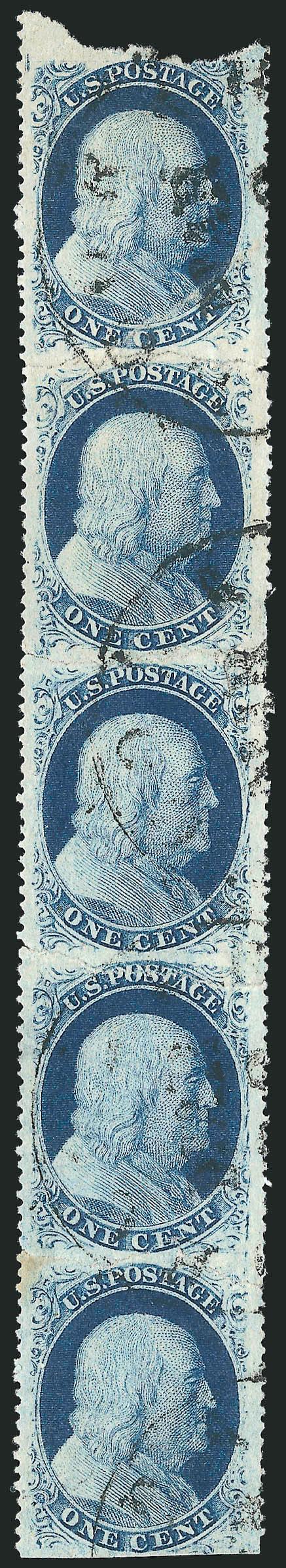1c Blue, Ty. V, Imperforate Horizontally (24 var).> Positions 848R8, five singles originally forming a strip of five, separated and rejoined with hinges, dark color, town datestamps tie the strip together,
faults due to the rough separation which wa