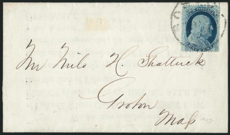 1c Blue, Ty. V (24).> Position 78L8, brilliant color, tied by Boston ? Nov. 1857 circular datestamp on folded printed notice to Groton Mass., fresh and Very Fine, Scott Catalogue lists the earliest documented
use as Nov. 17, 1857 and at one point t