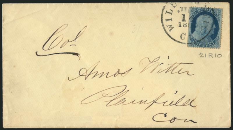 1c Blue, Ty. V (24).> Position 21R10, balanced margins, natural s.e. at left, tied by Willimantic Ct. Jun. 14, 1860 circular datestamp on yellow cover to Plainfied Ct., Very Fine and choice, an early use from
Plate 10, accompanied by a note from As