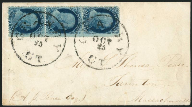 1c Blue, Ty. V (24).> Positions 51525L8, vertical strip of three, deep rich colors and proof-like impressions, tied by Granary Ct. Oct. 25 circular datestamps on cover to Taunton Mass., slightly reduced at
right, fresh and Very Fine, likely an 18