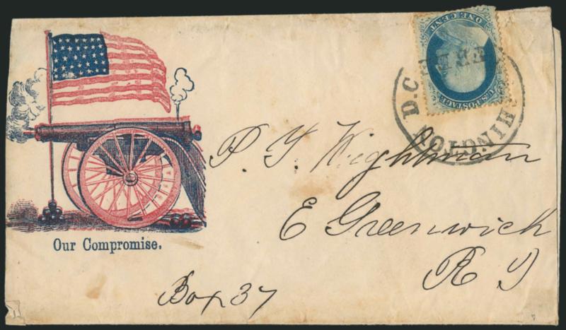 1c Blue, Ty. V (24).> Bright color, tied by clear strike of Washington D.C. Free circular handstamp on red and blue <Our Compromise Cannon and Flag Patriotic cover used as a printed-matter wrapper> to East
Greenwich R.I., opened at sides prior to