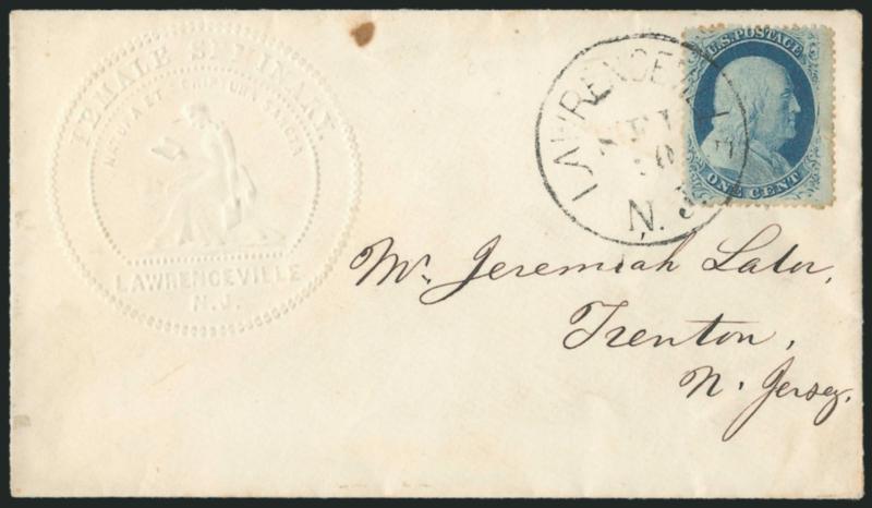 1c Blue, Ty. V (24).> Position 68R8, bright color, tied by Lawrenceville N.J. Sep. 10 circular datestamp on cover with <Female Seminary embossed corner card> to Trenton N.J., trivial soiling around a few perfs
from gum, Very Fine, ex Neinken