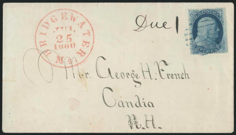 1c Blue, Ty. V (24).> Position 3R10, tied by <blue> open grid on cover to Candia N.H., with red Bridgewater Ms. Jul. 25, 1860 circular datestamp and manuscript Due 1, Very Fine, early use of stamp from Plate
10, accompanied by second cover simila