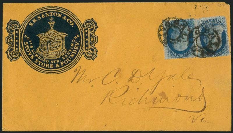 1c Blue, Ty. V (24).> Two singles, tied by alt. Paid> double-circle handstamps on buff cover with <Stove Store and Foundry embossed illustrated cameo corner card> to Richmond Va., barely reduced at right, Very
Fine, exceptionally beautiful, ex Ne