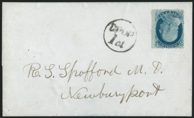 1c Blue, Ty. V (24).> Uncancelled, affixed upside down on Oct. 7 folded part-printed notice used in Newburyport Mass., neat <Drop 1ct> in circle handstamp, Very Fine, ex Neinken