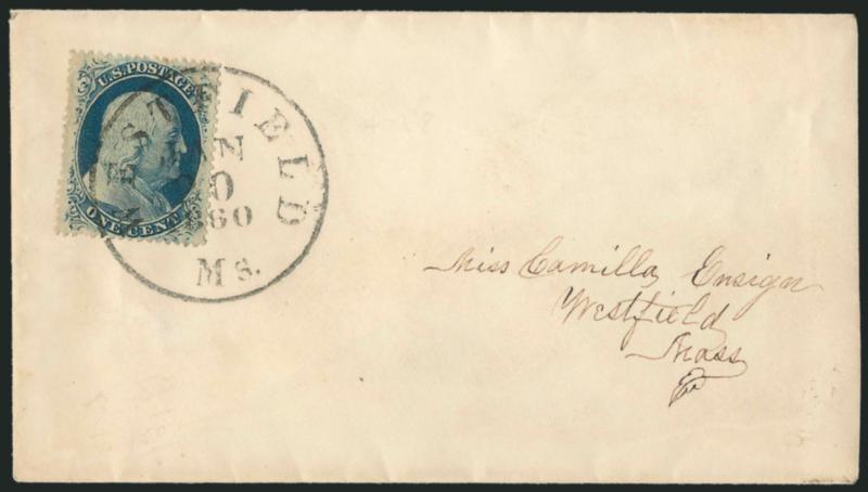 1c Blue, Ty. V (24).> Position 4L8, choice centering, tied by neat strike of Westfield Ms. Jan. 20, 1860 circular datestamp on locally-addressed cover, barely reduced at right, Very Fine drop-rate use of a
stamp from the top row of Plate 8, ex Nein