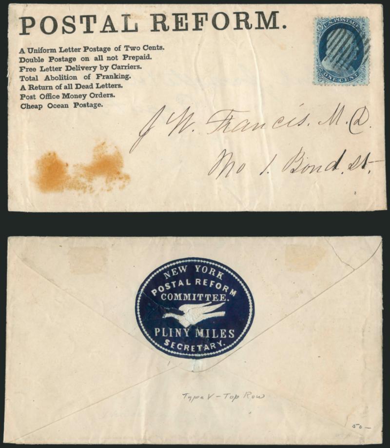1c Blue, Ty. V (24).> Rich color, tied by grid on <Postal Reform propaganda> cover listing demands at left, Postal Reform Committee (Pliny Miles, Secretary) embossed cameo oval on back, to local New York
address, some soiling at lower left and over