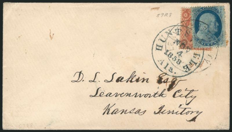 1c Blue, Ty. V (24).> Position 57R8, affixed over <3c Dull Red, Ty. III (26)> which is tied by Huntsville Ala. Nov. 4, 1858 circular datestamp on cover to Leavenworth City, Kansas Territory, the 1c tied by
Leavenworth City K.T. circular datestamp