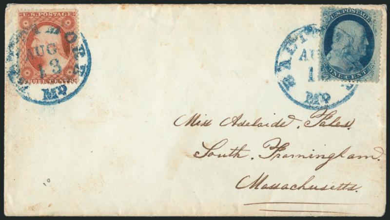 1c Blue, Ty. V (24).> Possibly Plate 10, tied by <blue> Baltimore Md. Aug. 13 circular datestamp and used with <3c Dull Red, Ty. III (26),> similarly tied, on cover to South Framingham Mass., minor soiling,
Very Fine, scarce carrier use, ex Neinken