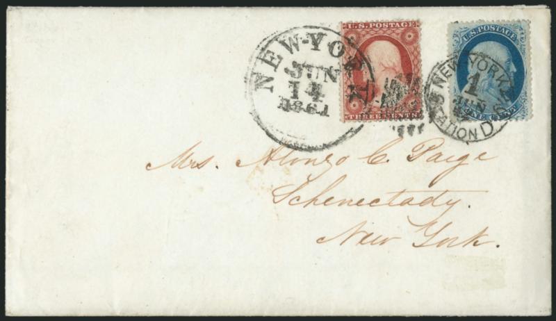1c Blue, Ty. V (24).> Tied by New York, N.Y. Station D 1 Jun. 12 circular datestamp and used with <3c Dull Red, Ty. III (26),> tied by New-York Jun. 14, 1861 circular datestamp on cover to Schenectady N.Y., 1c
small corner crease at top right, Ve