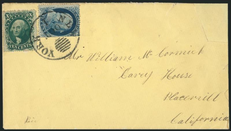1c Blue, Ty. V (24).> S.e. at right, used with <10c Green, Ty. V (35)> and tied by New York Oct. 1 <Ocean Mail> circular datestamp with integral grid on yellow cover to Placerville Cal., slightly reduced at
right with repair at upper right, 10c sin