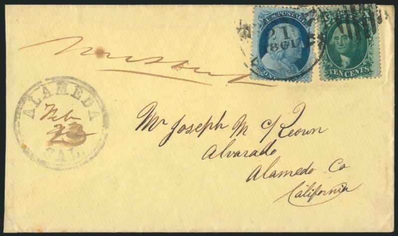 1c Blue, Ty. V (24).> Used with <10c Green, Ty. V (35),> tied by New-York Jan. 21, 1861 duplex on yellow cover to Alvarado Cal. and <missent> to Alameda Cal., with Alameda Cal. Feb. 23 circular datestamp with
date in manuscript and matching <<Mi
