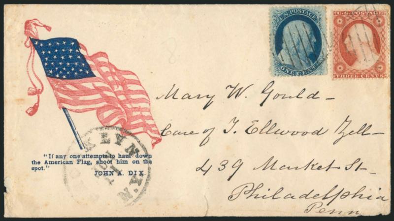 1c Blue, Ty. V (24).> Used with <3c Dull Red, Ty. III (26)> and tied by grid cancels on red and blue <Waving Flag Patriotic> cover to Philadelphia Pa., clear Brooklyn N.Y. Jun. 11 circular datestamp, some
edgewear, Very Fine, Brooklyn carrier uses