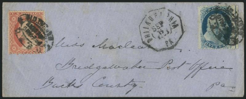 1c Blue, Ty. V (24).> Plate 9, choice centering with <straddle-pane margin and centerline> at right, used with <3c Dull Red, Ty. III (26),> each stamp tied by bold strike of <U.S.P.O. Despatch Pre-Paid One
Cent> oval handstamp on small blue cover t