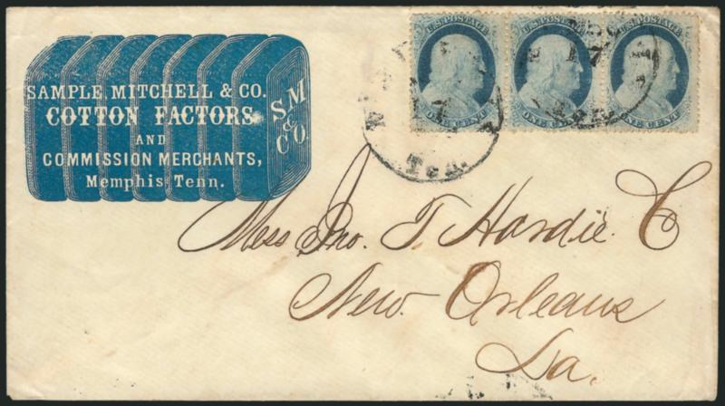 1c Blue, Ty. V (24).> Horizontal strip of three, note on back states late impression from either Plate 7 or 8, tied by Memphis Ten. Nov. 17 circular datestamps on <Sample, Mitchell & Co. cotton and commission
merchants illustrated corner card> cov