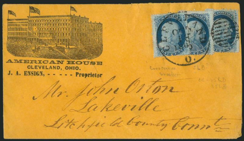 1c Blue, Ty. V (24).> Three singles, probably from Plate 8, tied by grid and by Cleveland O. Oct. 18, 1860 circular datestamp on buff <American House Hotel illustrated corner card> cover to Lakeville Conn.,
slightly reduced at right and missing par