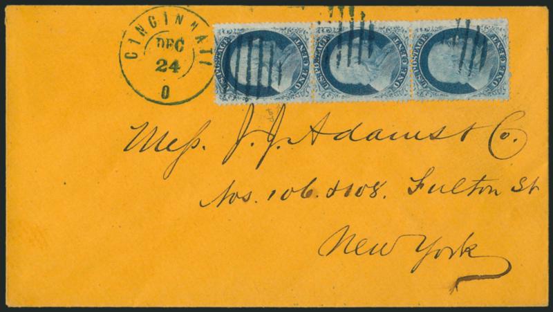 1c Blue, Ty. V (24).> Plate 8, vertical strip of three, unusually choice centering with wide margins, tied by <blue> grids and also by matching Cincinnati O. Dec. 24 double-circle datestamp on buff cover to
New York, missing part of top flap, the s