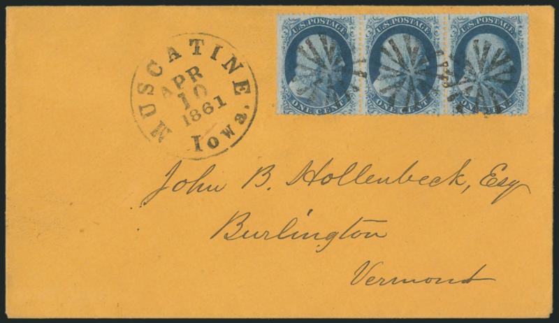 1c Blue, Ty. V (24).> Positions 4-6L10, horizontal strip of three, tied by neat strikes of circle of Vs handstamp, matching Muscatine Iowa Apr. 10, 1861 circular datestamp on buff cover to Burlington Vt.,
right stamp pulled perf at bottom, still V